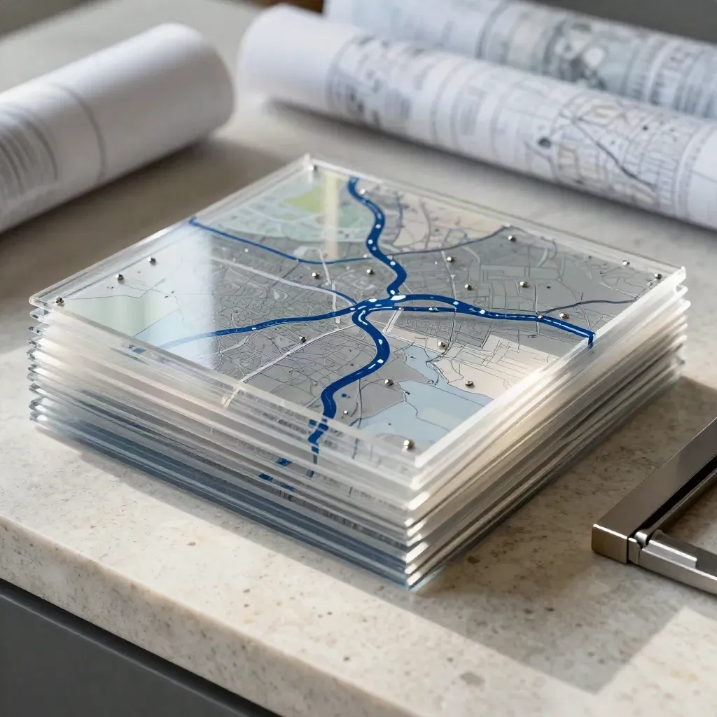 Strati acrilici di mappa GIS con bande di percorso e chip metallici su plinto in travertino.