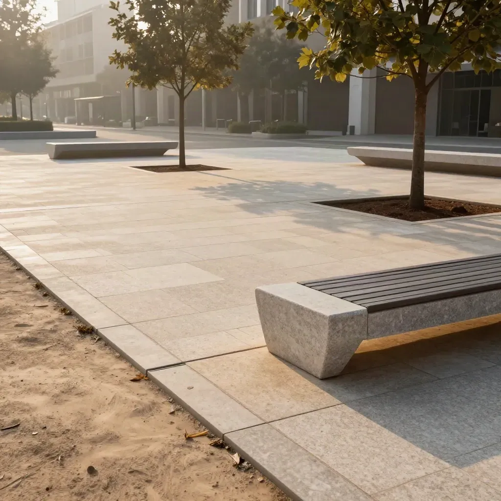 Piazza civica rinnovata con panchine, alberi e pavimentazione drenante in luce del mattino.