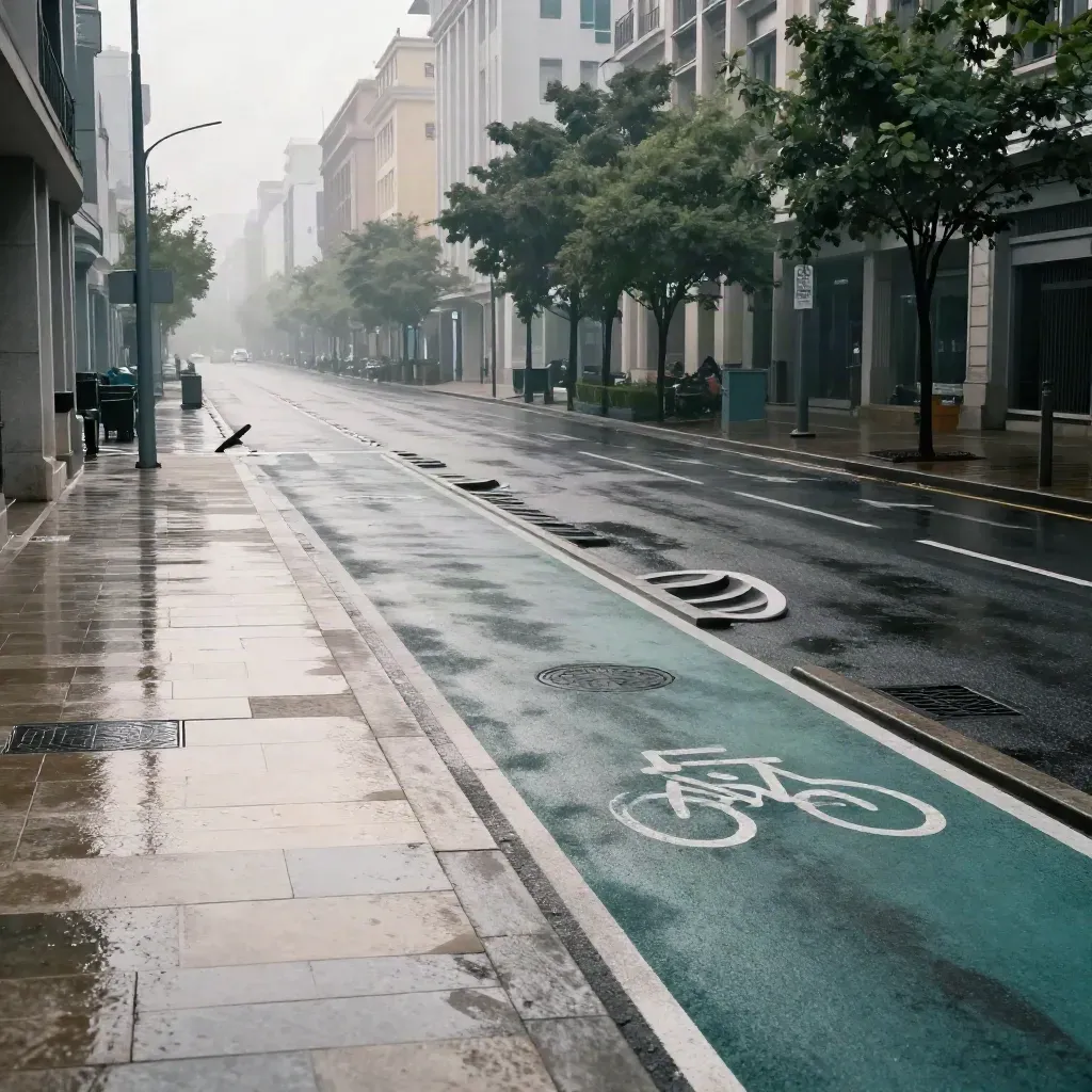 Corsia urbana dopo la pioggia con attraversamento rialzato, pista ciclabile e isole di cordolo.