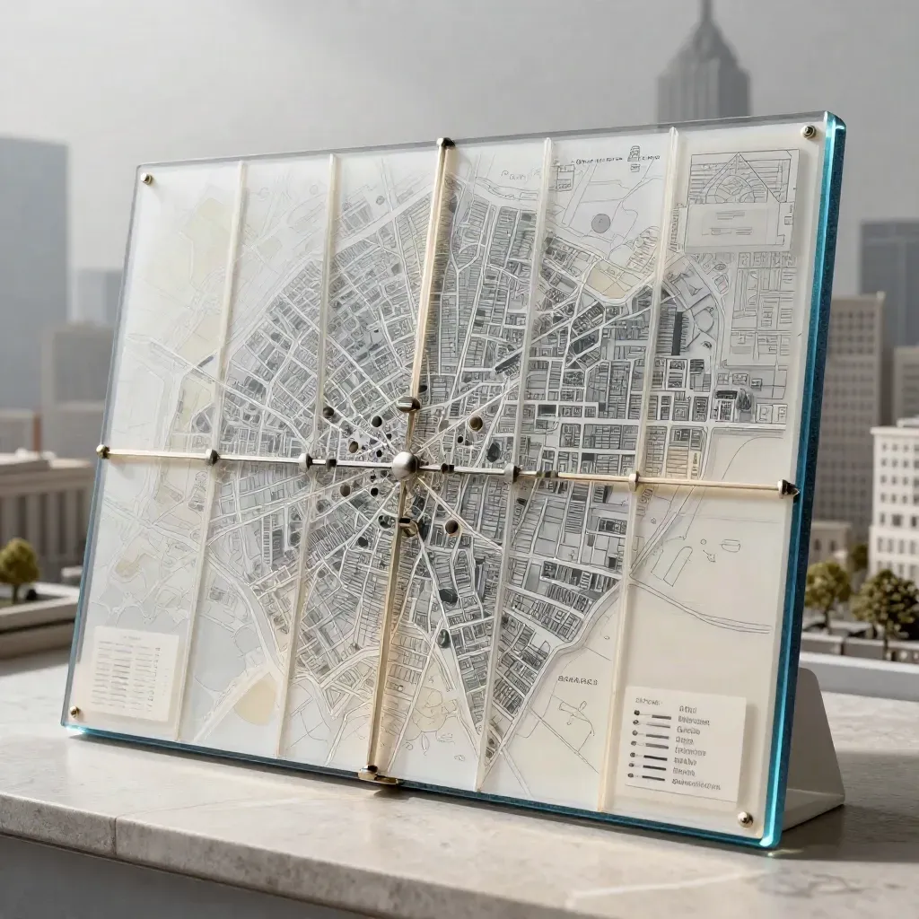 Mappa GIS acrilica multilivello dei 12 quartieri, con riflessi morbidi e dettagli blu ardesia.