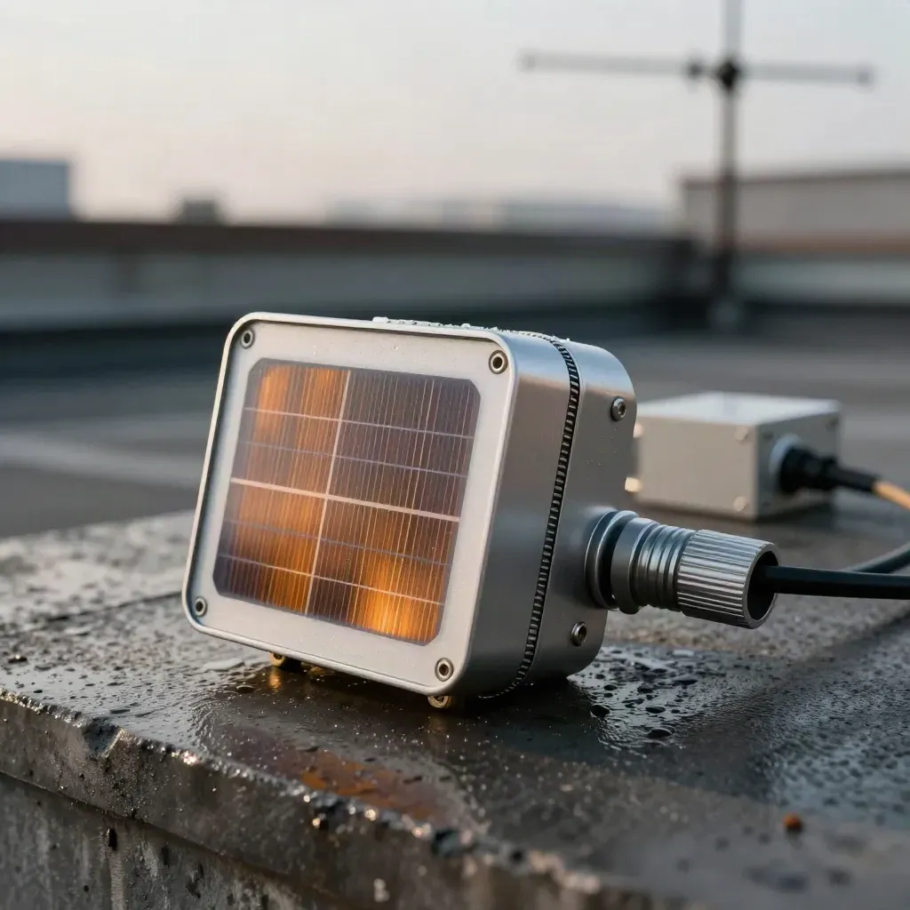 Kit di sensori smart city su cemento bagnato, con cella solare e luce mattutina.