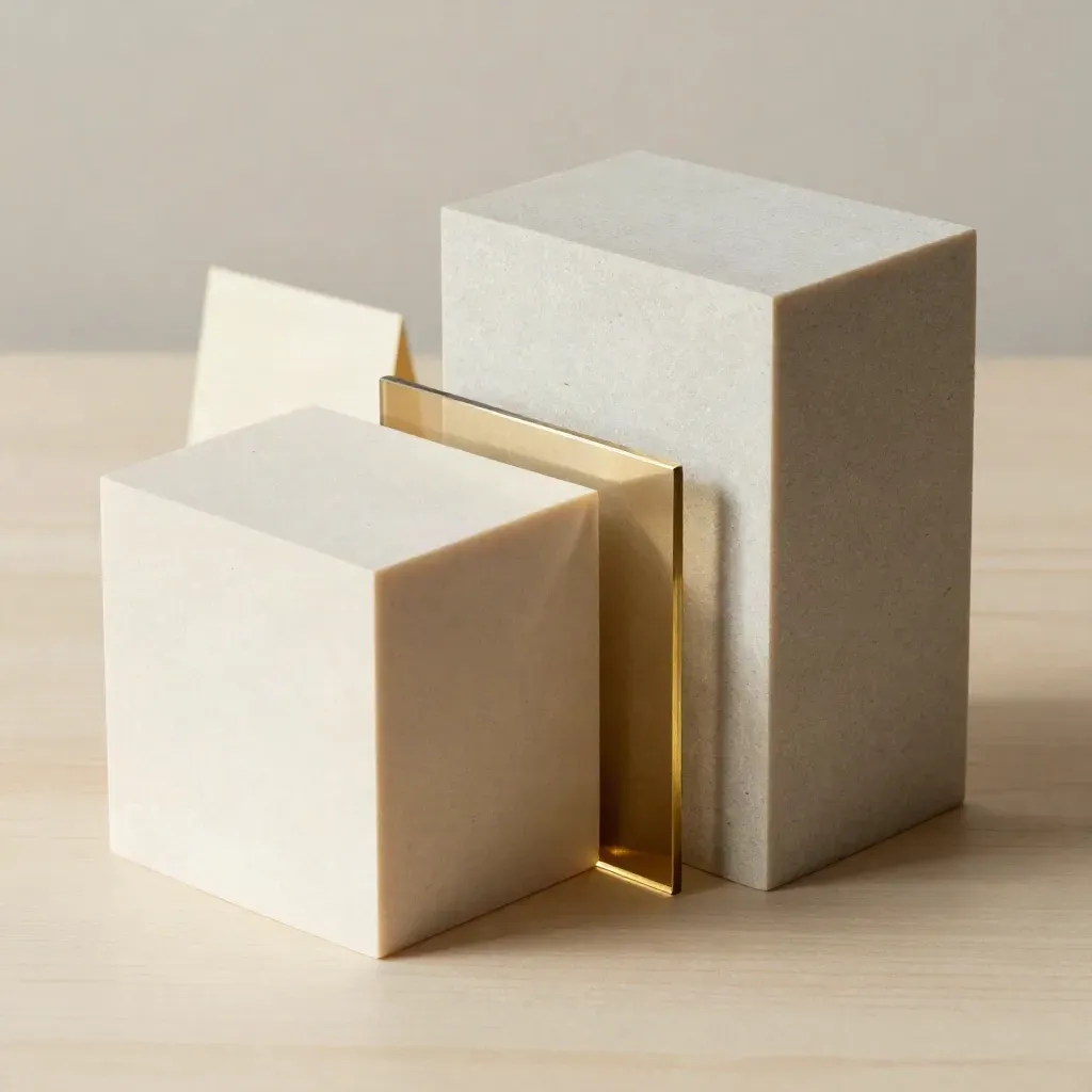 Tre maquette urbane su legno chiaro con separatore acrilico e divisore in ottone.
