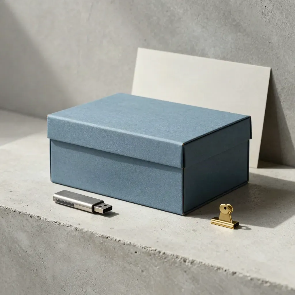 Scatola archivio chiusa, chiavetta USB e clip in ottone su plinto chiaro, luce morbida.