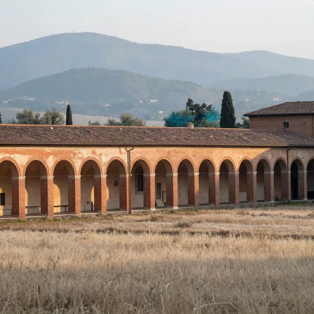 Bologna ai piedi dell’Appennino, portici in terracotta e colline nella foschia